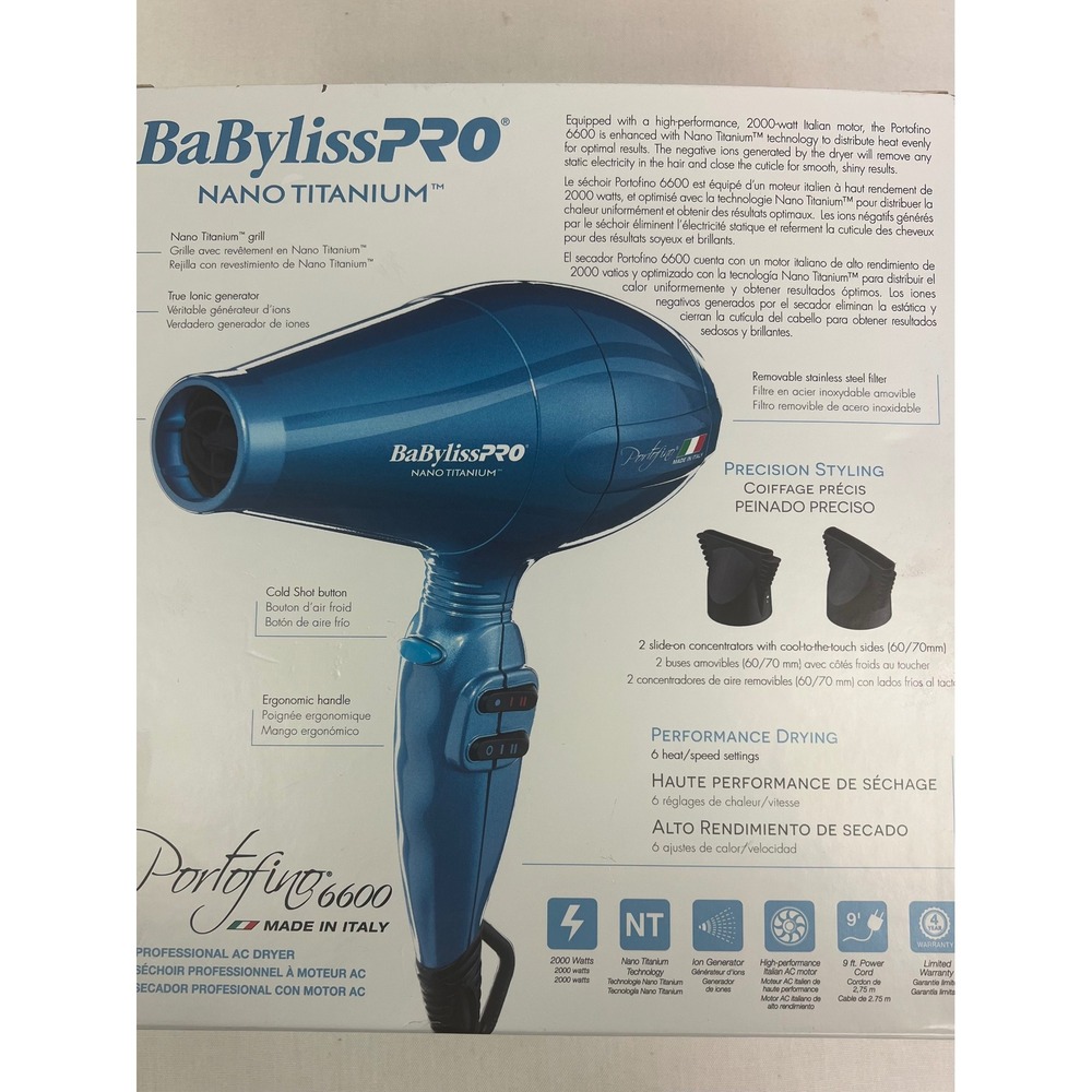 BaBylissPRO Hair Dryer Womens Blue Nano Titanium Portofino 6600 2000W Italy - Picture 5 of 7